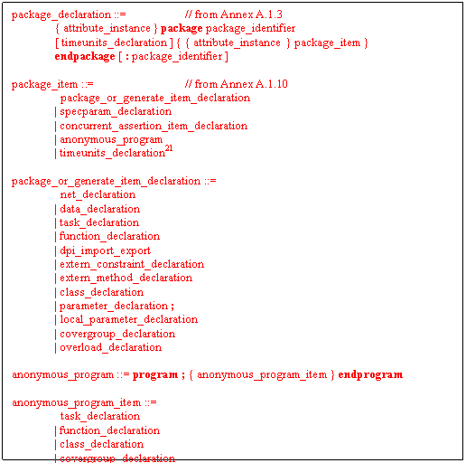 Text Box: data_declaration ::= // from Annex A.2.1.3
…
| package_import_declaration
package_import_declaration ::=
import package_import_item { , package_import_item } ;
package_import_item ::=
package_identifier :: identifier
| package_identifier :: *